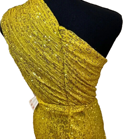 Mac Duggal 26694 Sequined Ruched One Shoulder Gown Yellow Sz 10 NWT - Picture 4 of 7